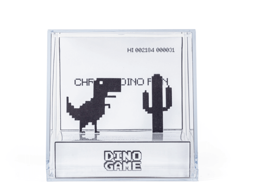 Pixelated dinosaur and cactus design on a clear card with text