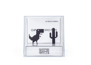 Pixelated dinosaur and cactus design on a clear stand with 'Dino Game' branding.