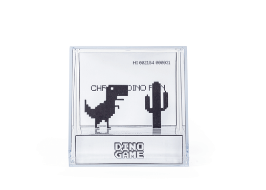 Pixelated dinosaur and cactus design on a clear stand with 'Dino Game' branding.