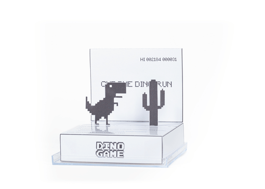 Clear acrylic stand with pixelated dinosaur and cactus design, labeled 'Dino Game'.