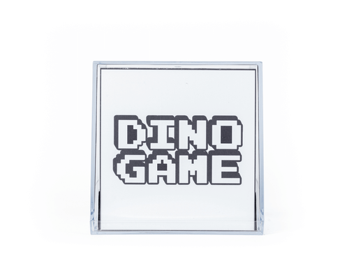 Framed artwork with 'DINO GAME' text on a white background
