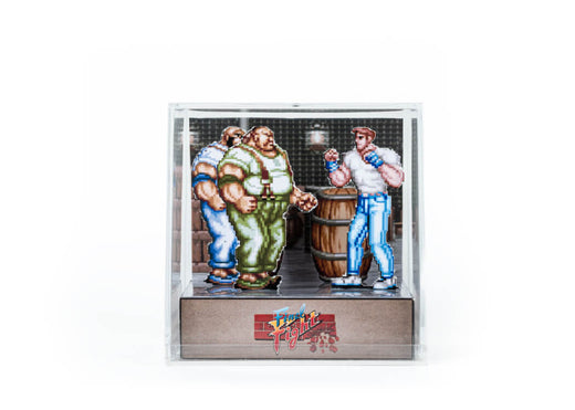 Figurines of a large and small character in a pixel art style setting, with a wooden barrel and crates.