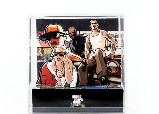 Illustrated card featuring characters from a popular video game series on a white background