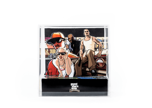 Trading card featuring characters from a popular video game series in a clear protective case.