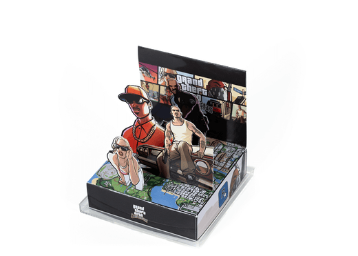 Gaming console with character figures and 'Grand Theft Auto' branding on a white background