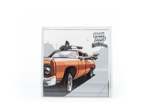 Framed poster of a car scene from 'Grand Theft Auto San Andreas' with characters and text.